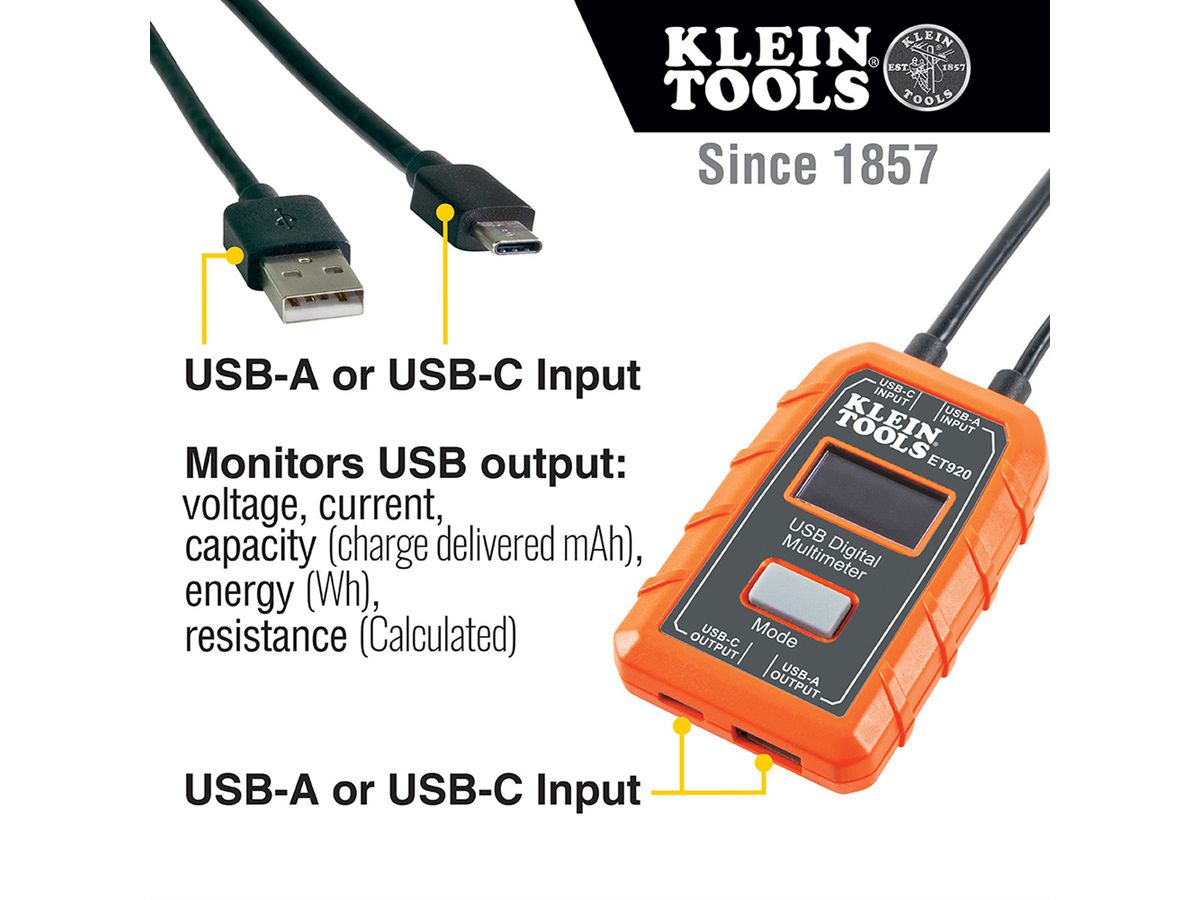 KLEIN TOOLS ET920 USB-Digitalmessgerät und -Prüfer, für USB-A und USB-C